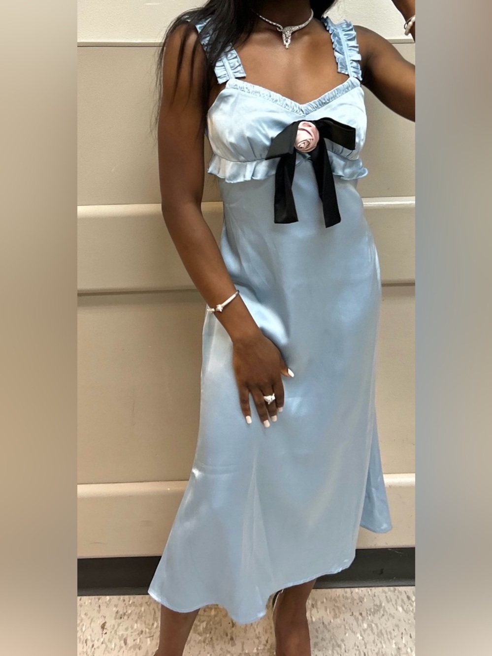 Cider Light Blue Satin Midi Dress with Black Bow & Pink Rosette